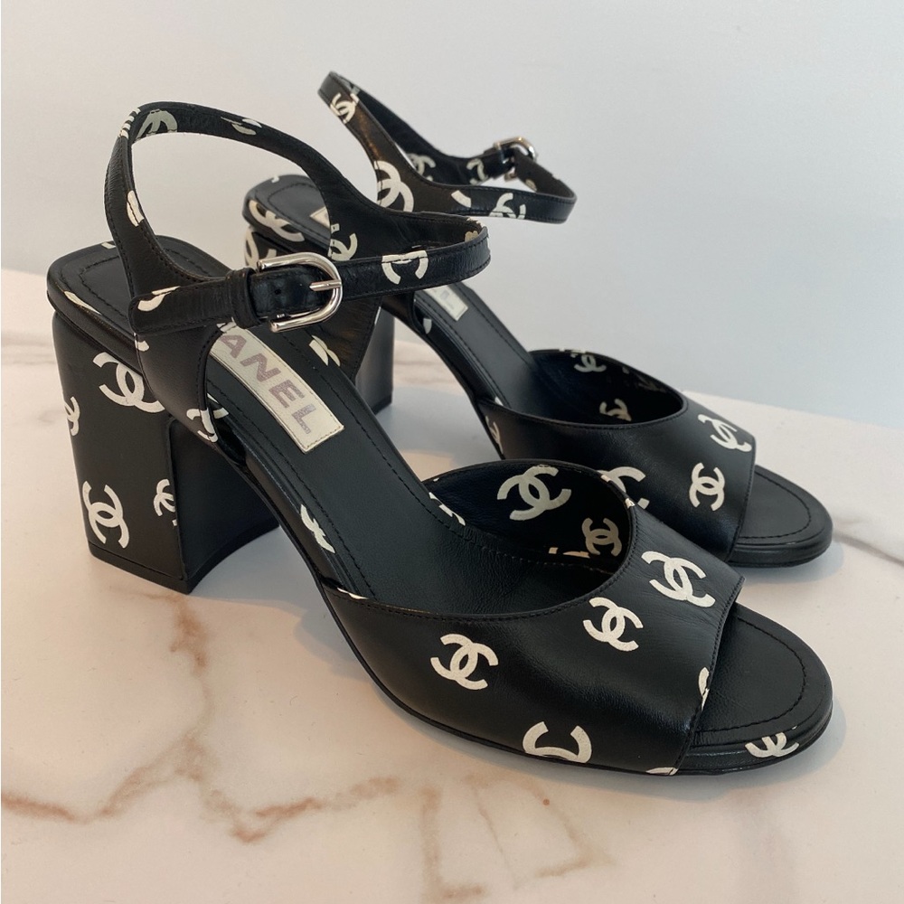 Chanel CC Logo Block Heel Sandals